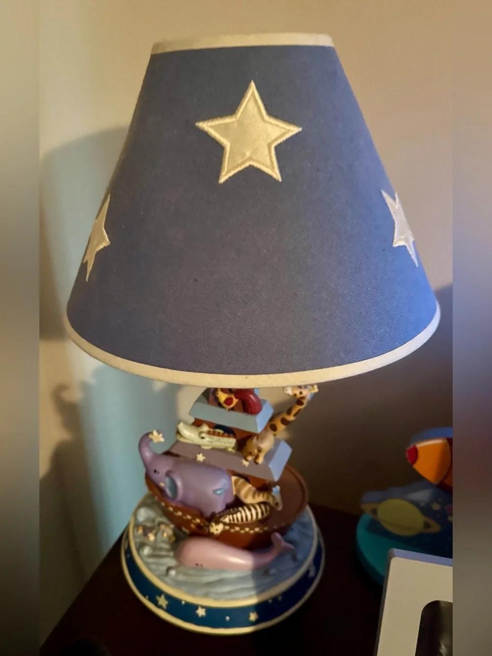 🌈 Noah's Ark Nursery Lamp with Blue Star Shade 🐘🦒